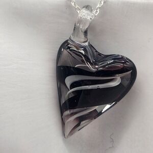 NWOT Black Swirl Glass Heart Pendant 30" 925 Sterling‎ Silver Chain Lobster Claw